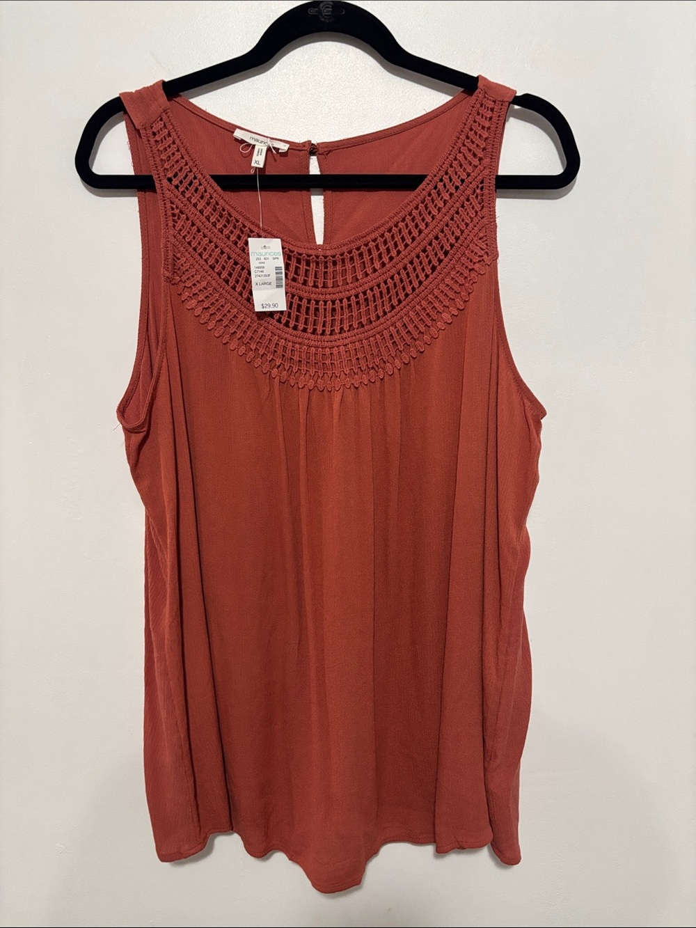Maurices NWT Terracotta Rust Crochet Neck Tank Top XL High Yoke Keyhole Back